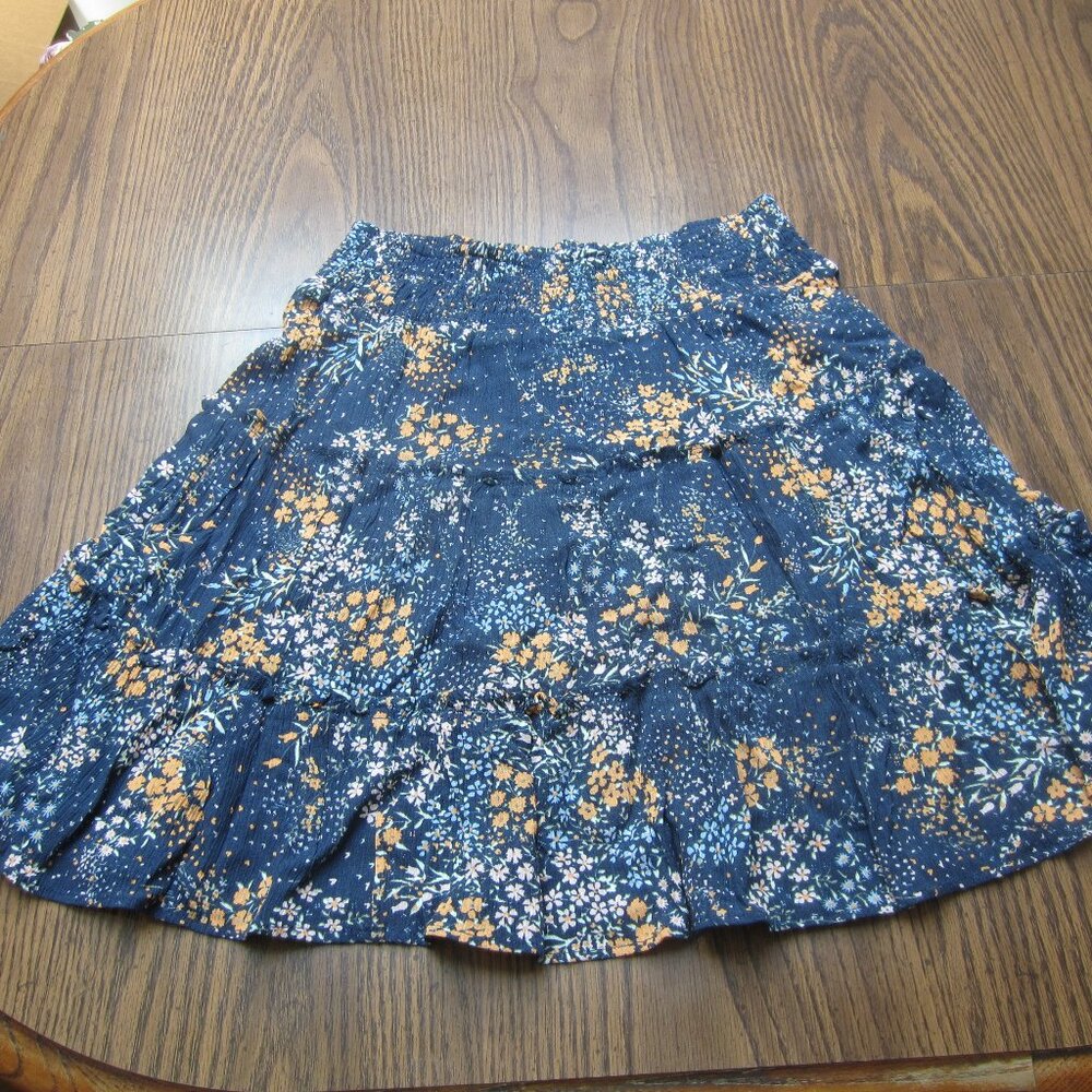 Market & Spruce Navy Floral Tiered Skirt with Mustard and Cream Accents